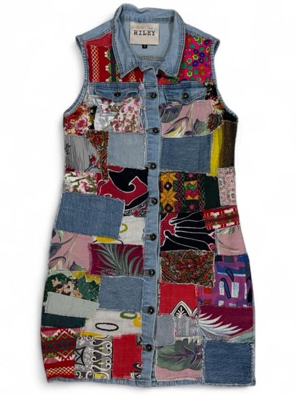 Vintage Riley patchwork denim dress with colorful fabric patches